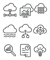 Cloud Data Analytics Icons. Outline icon set of cloud data analytics: data pipeline, dashboard chart, big data
