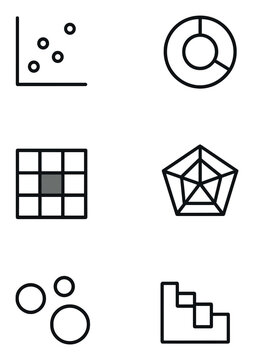 Data Visualization Icons. Outline icon set of data visualization tools: scatter plot, histogram, heatmap,