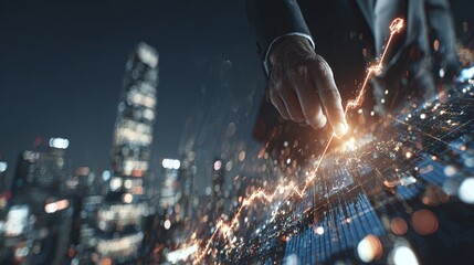 Business Hand Pointing To Digital Growth Chart In Cityscape At Night