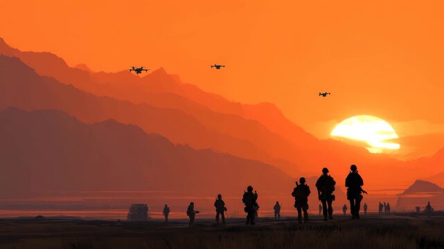 Soldier squad silhouette on desert patrol at sunset with mountain helicopter