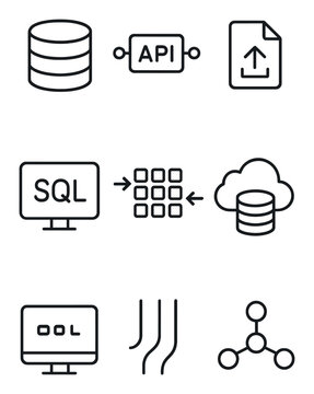 Data Connection Icons. Outline icon set of data source connections: database icon, API connector, CSV upload,