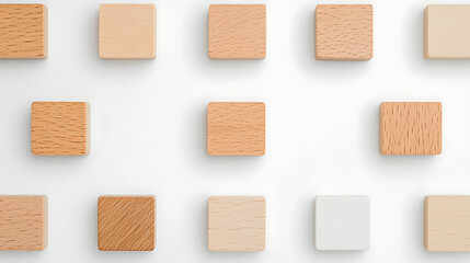 Arrangement of wooden squares on a white surface, creating a simple, minimalist pattern with natural wood textures and a clean aesthetic.