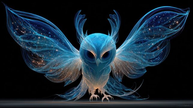A stylized owl with luminous, feathery wings outstretched against a black background.  The owl is rendered in shades of blue and white, appearing ethereal and magical