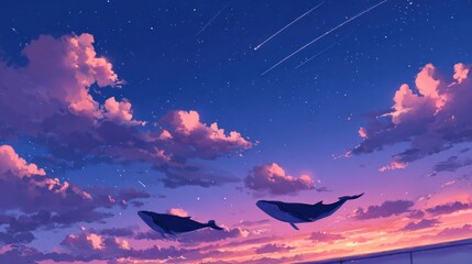 Two whales soar amidst a vibrant sunset sky