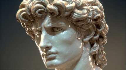 Close-up bust of a sculpted male head, detailed facial features, light reflects off surface