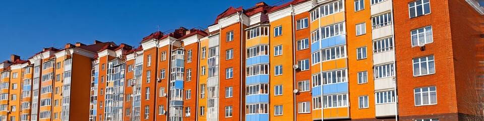 Obraz premium Modern residential building with bright facades. Housing block against clear blue sky for real estate agency or urban living concept.