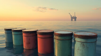 Naklejka premium Colorful barrels in water with oil rig and sunset in background