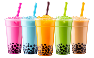 Colorful selection of iced bubble teas with tapioca pearls, isolated on white background.