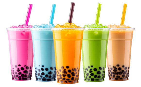 Colorful selection of iced bubble teas with tapioca pearls, isolated on white background.