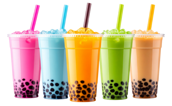 Colorful selection of iced bubble teas with tapioca pearls, isolated on white background.