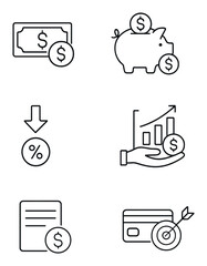 Fototapeta premium Financial Literacy Icons. Outline icon set of financial literacy visuals: money concept, savings habits,