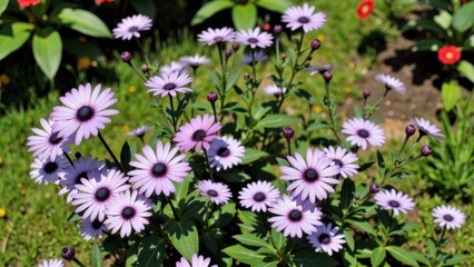 Fototapeta premium Cluster of light purple daisy like flowers with dark centers in a garden