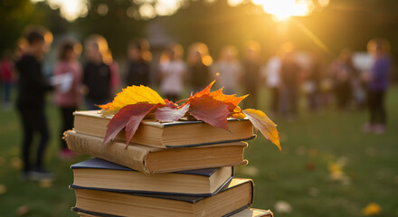 Stacked books with autumn leaves during outdoor gathering at sunset  