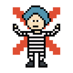 Cute pixel cartoon character prisoner man in jail prison uniform male boy decoration crime prisoner man in prison 8 bit cartoon pixel robber 8bit png vector.