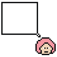 Cartoon pixel cute cartoon character face woman with chat blank decoration 8 bit female girl say speak discuss idea chat box cartoon pixel game 8bit png vector.