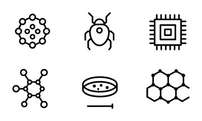 Obraz premium Nanotechnology Icon Set. Outline icon set of nanotechnology research: nanoparticle, nanorobot, atomic force