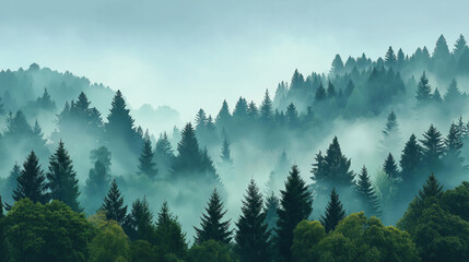 Fototapeta premium Misty Forest Landscape in Serene Morning Light