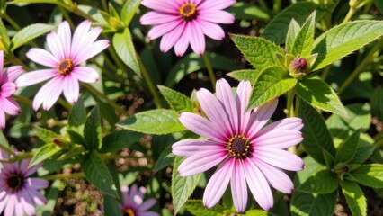 Obraz premium Close up of delicate pink coneflower blossoms with green foliage on a sunny day