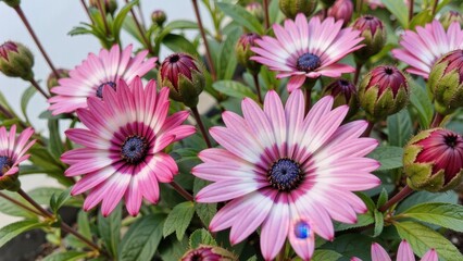 Obraz premium Close up of pink african daisies with dark centers and green leaves