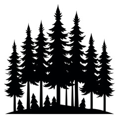 Obraz premium Realistic pine forest silhouette with staggered trees isolated on white background