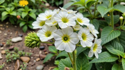 Obraz premium Cluster of delicate white primrose flowers with green centers in a garden