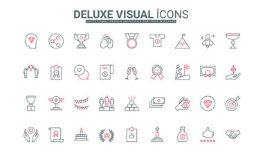 Awards and prizes of winners recognition line icons set. Reward medal and diploma certificate, podium with champions and money, honor prize thin black and red outline symbols vector illustration