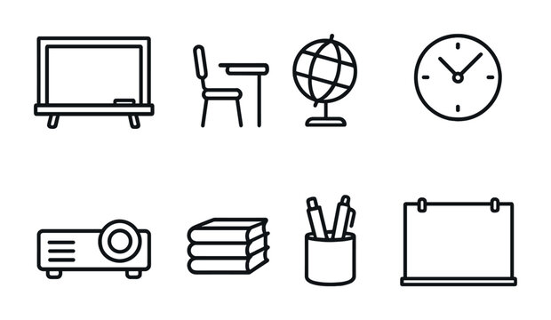 Classroom Essentials Icons. Outline icon set of classroom essentials: chalkboard, desk, globe, wall clock,