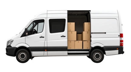 Delivery white van or truck with space for text isolated over white background. PNG