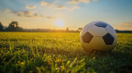 Fototapeta premium Soccer Ball on Field at Sunset with Vibrant Sky and Grass Texture