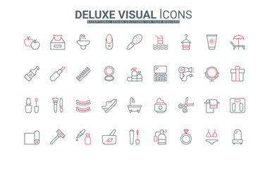 Beauty line icons set. Cosmetic products for body or hair care and hygiene, clothes and accessories, tools for makeup and leisure activity thin black and red outline symbols vector illustration