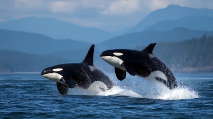 Fototapeta premium Two Orcas Leaping from the Ocean