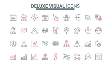 Business analytics, service with artificial intelligence for data processing line icons set. Analysis of charts and trends search, risk vision thin black and red outline symbols vector illustration