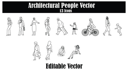 Thirteen Architectural people line art vector set isolated