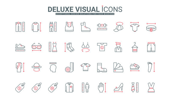 Clothes size guide line icons set. Tailors pictogram to measure circumference of human waist, chest and head, width and length of body and foot thin black and red outline symbols vector illustration