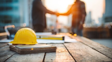 Businessmen Handshake On Wooden Table With Hard Hat And Documents
