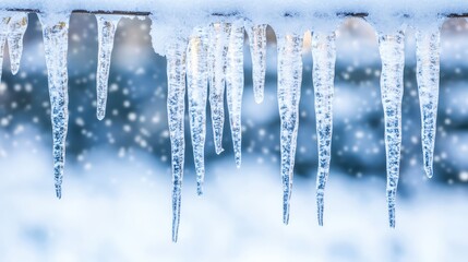 Icicles Hanging from Roof in Winter Wonderland with Snow Background