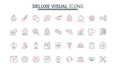 Technical support service for customers line icons set. Client experience and feedback, call center advices, information help, answer to question thin black and red outline symbols vector illustration