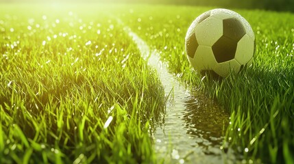 Naklejka premium Soccer Ball on Fresh Grass Near Water with Sunlight Reflection