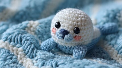 Adorable crochet seal toy on blue and white knitted blanket close-up