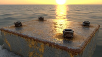 Rusty Metal Plate on Dock with Sunset Over Calm Water Surface