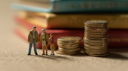 Miniature figures of dad, mom, and son stand near stacks of coins, symbolizing family financial planning and savings. Books in background suggest education and knowledge
