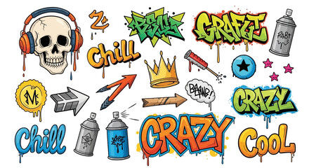 Fototapeta premium Vector SVG Graffiti Style Illustration with Skull Head Spray Paint Bubbles and Text in Modern Urban Design Style