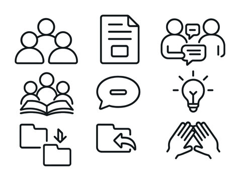 Peer Learning Icons. Outline icon set of peer learning: group icon, shared doc, note exchange, study group,
