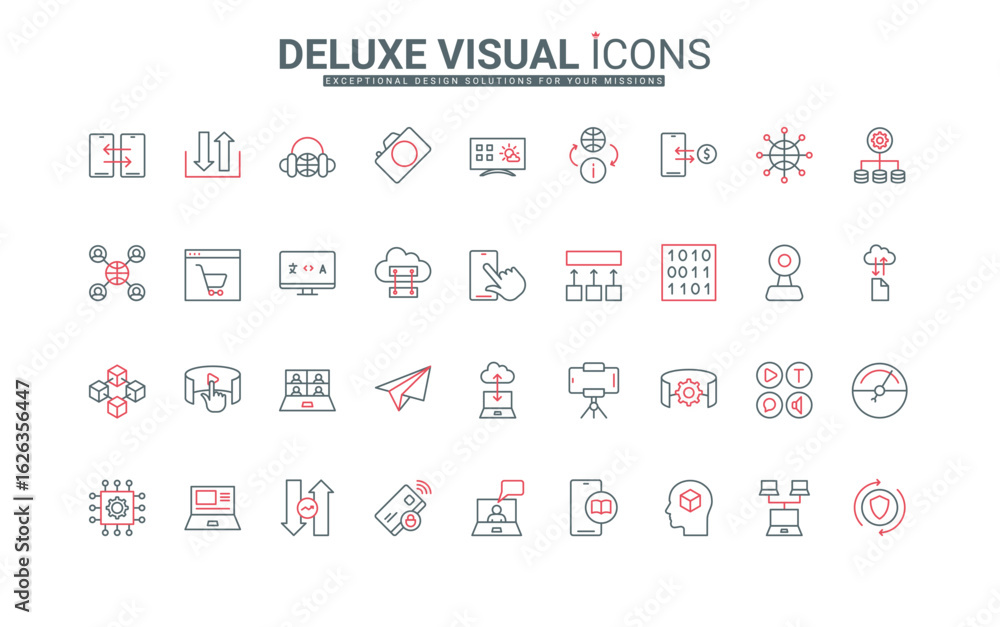 Poster digital data processing technology, analytics, information use line icons set. file download traffic
