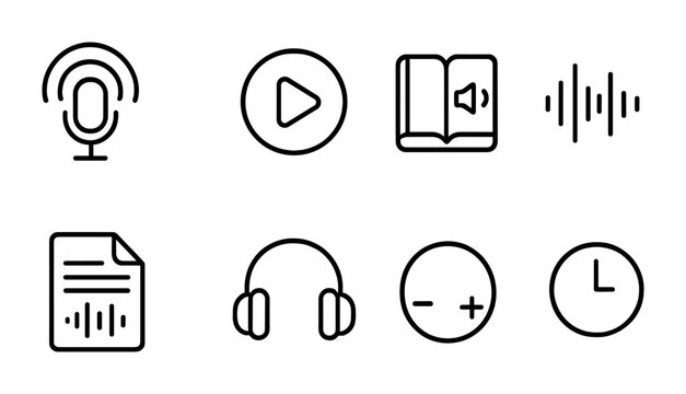 Audio Learning Icons. Outline icon set of audio-based learning: podcast icon, play button, audio book, sound