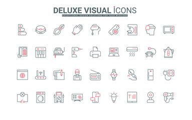 Electrical appliances and devices for home and repair work line icons set. Household, laundry and kitchen equipment, virtual reality glasses thin black and red outline symbols vector illustration