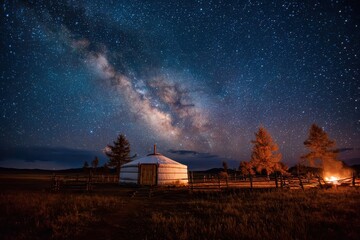 Mongolian yurt under Milky Way at night, campfire