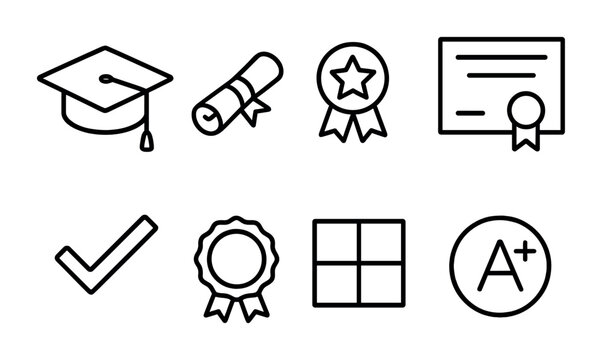 Educational Credentials Icons. Outline icon set of educational credentials: degree icon, diploma scroll, skill