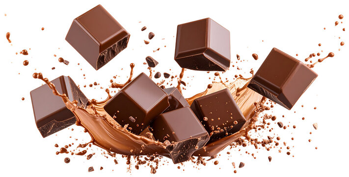 Cubes of milk chocolate bar falling with splash isolated on white background
