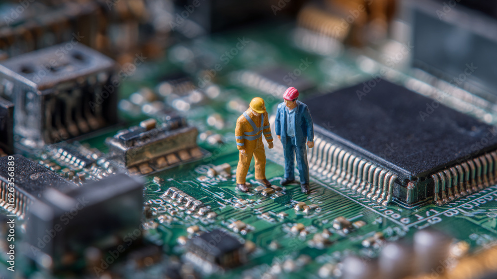 Poster miniature figures of engineers stand on circuit board, symbolizing cyber security and technology. sc